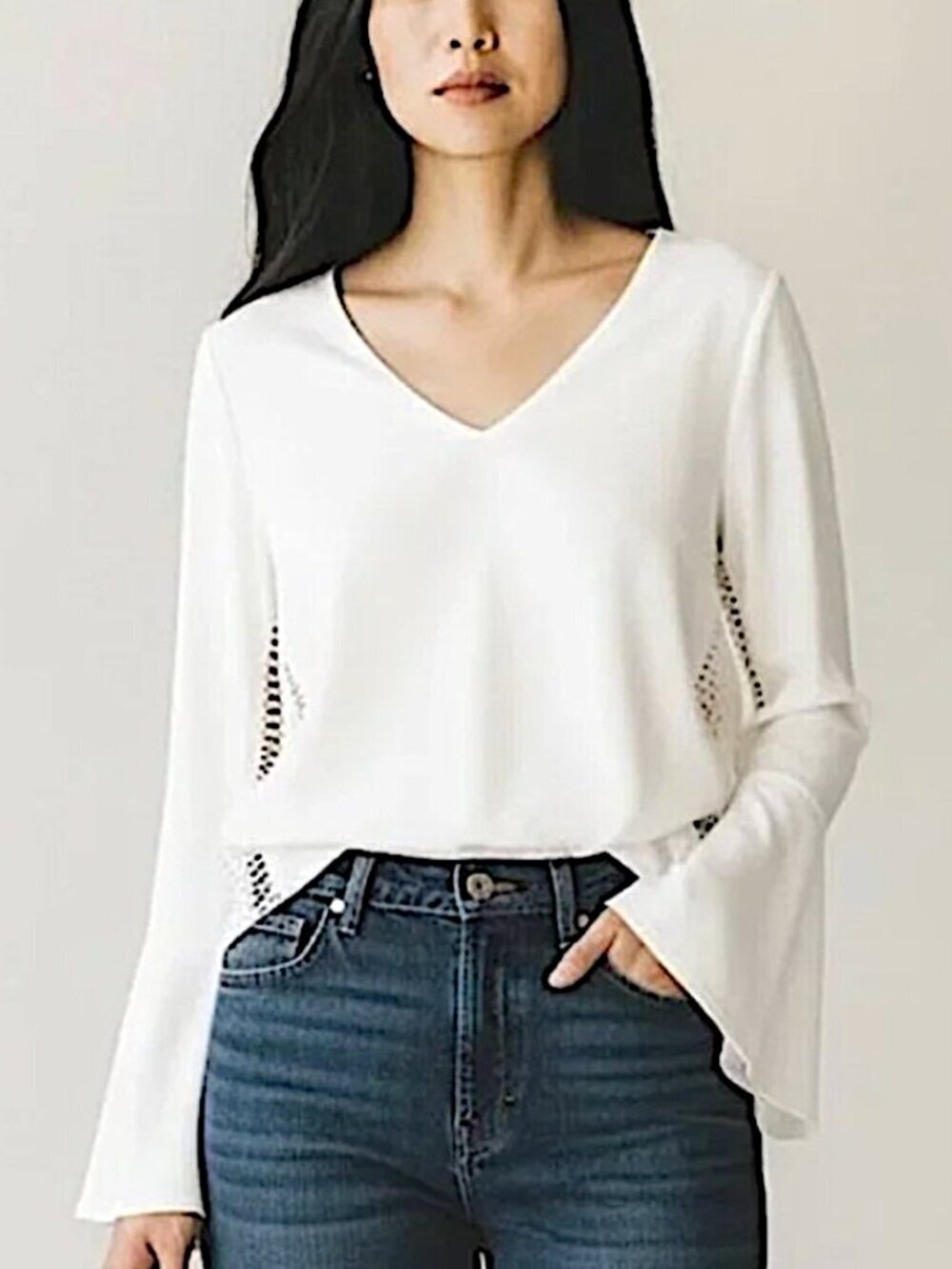 JONATHAN SIMKHAI Bell Sleeve Ladder Lattice Crochet Side Panel Ivory Top